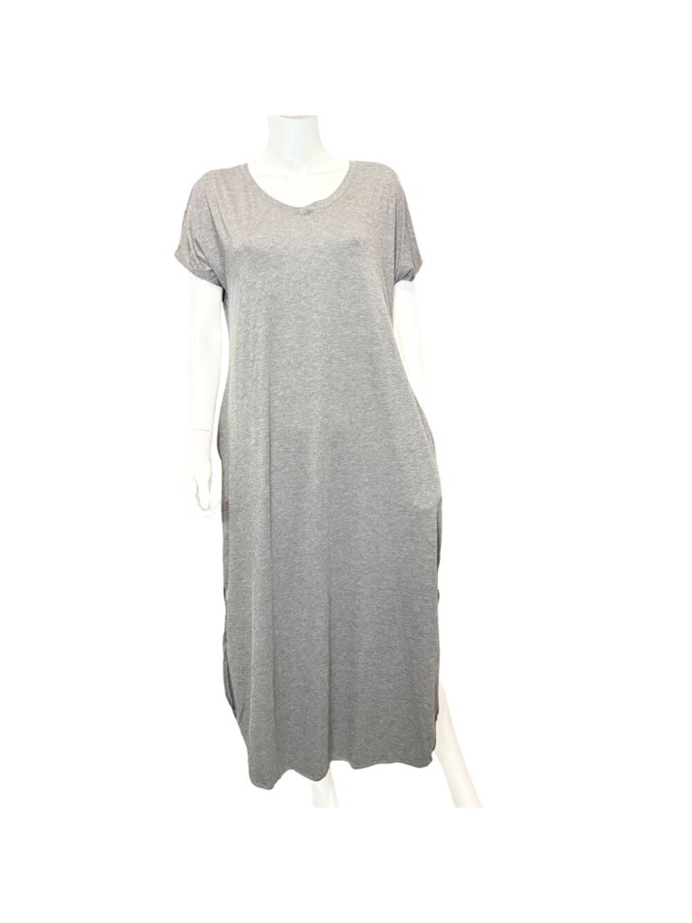 Womens Casual Maxi Dress 3XL Grey Cotton Blend Short Sleeve Pockets Side Slit